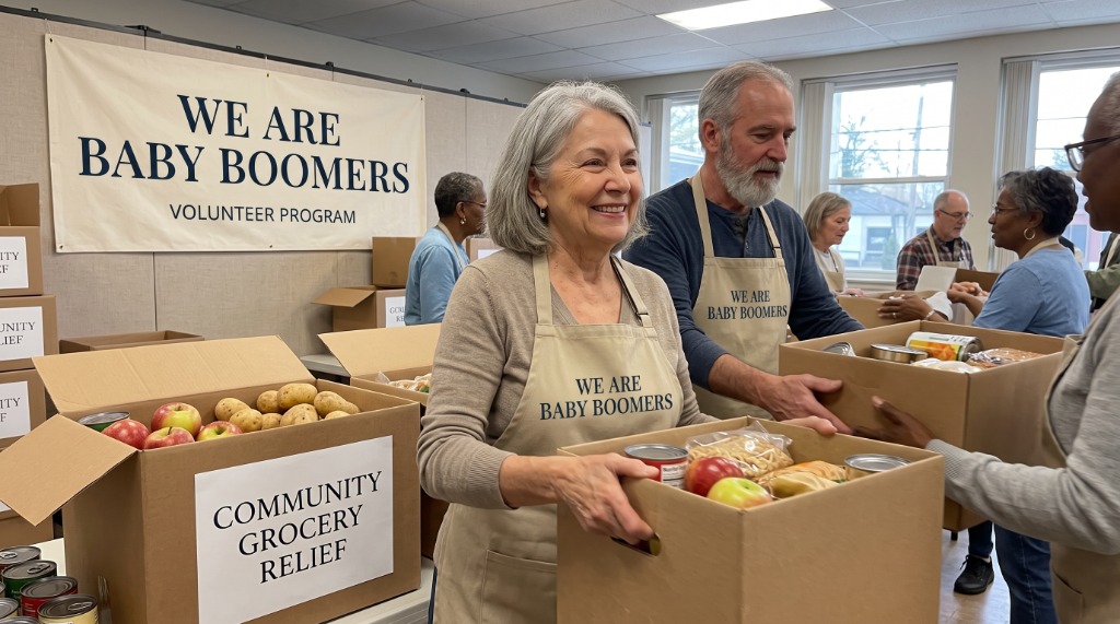 We Are Baby Boomers volunteer program team distributing community grocery relief boxes to seniors in need